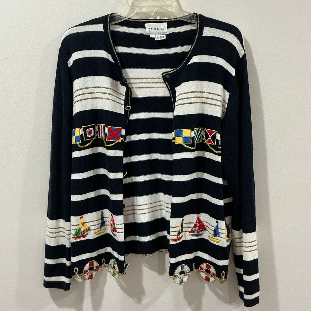 Vintage Just‎ B Nautical Navy and White Striped Beaded Cardigan Sweater Medium